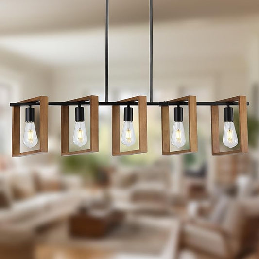 9MMML 41.5" Kitchen Island Lighting,5 Lights Dining Room Light Fixtures, Rustic Farmhouse Height Adjustable Wood Chandeliers for Kitchen, Pool Table Lights, Black Body+Wood Frame,E26.