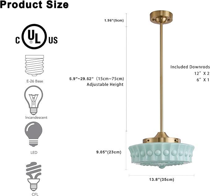 FCTWAKS Schoolhouse Pendant Fixtures, 14" Mid Century Modern Brass Gold Milk Green Glass Pendant Light, Adjustable Height, Vintage Ceiling Hanging Lighting for Dining Room,Hallway,Kitchen Island