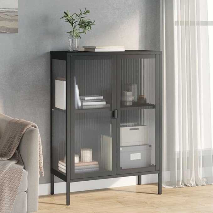 Black Powder-Coated Steel Sideboard, Fluted Glass Accent Cabinet for Living Room, 2-Door Storage with Adjustable Shelves, 13.8x29.5x41.3 inch Kitchen Furniture