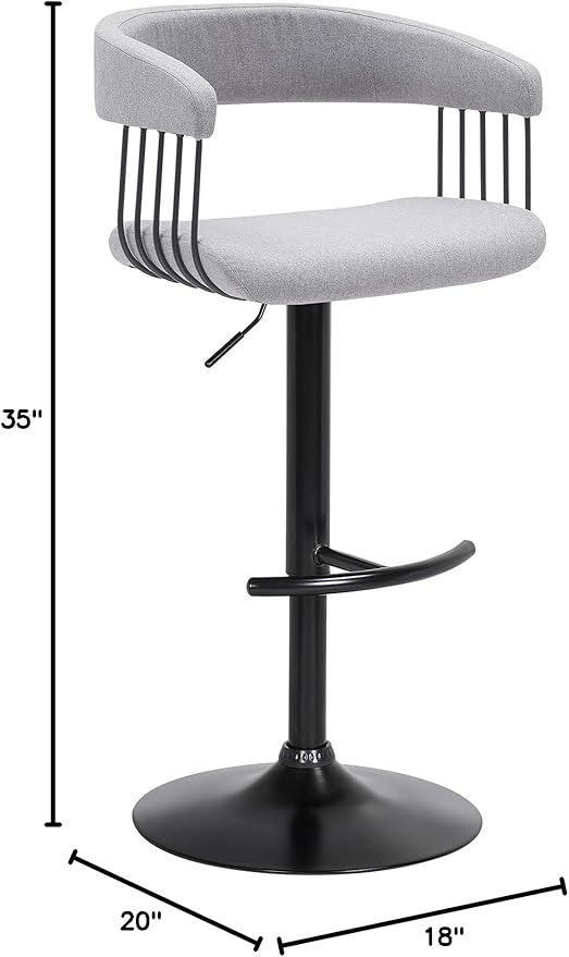 Armen Living Calista Adjustable Height Mid Century Modern Swivel Bar Stool for Kitchen Island Counter in Light Gray Fabric with Black Metal