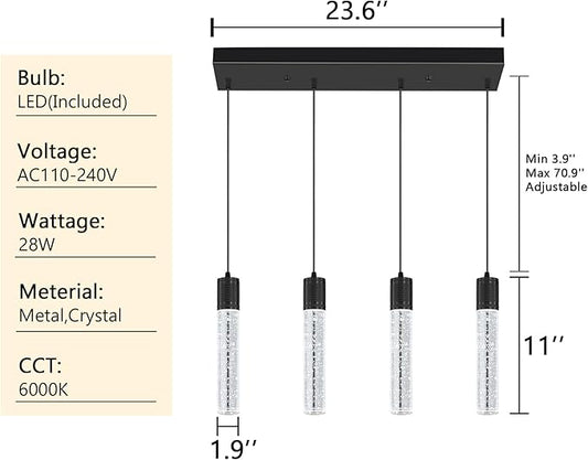 4-Lights Mini Modern Crystal Chandeliers for Kitchen Island Pendants Lighting Fixture LED Ceiling Light for Dining Room Bedroom Foyer 6000K
