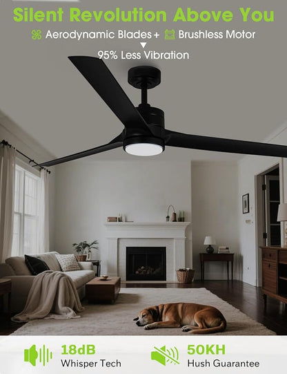 Ceiling Fans with Lights and Remote, 60 Inch Black Low Profile Ceiling Fan with Light, Modern Outdoor Ceiling Fan for Bedroom Living Room Patio, Fandelier Chandelier Style, Quiet DC Motor, 3CCT LED