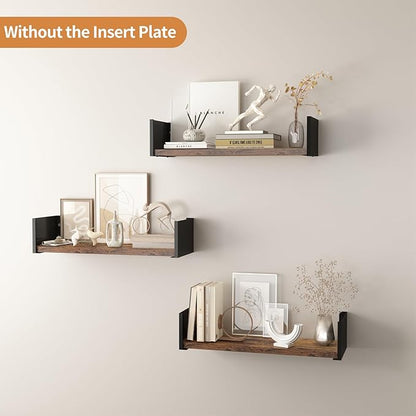Black Floating Shelves with Removable Insert Plate Set of 3, Wooden Display Shelves, Rustic Decorative Wall Shelves for Living Room, Bedroom, Kitchen