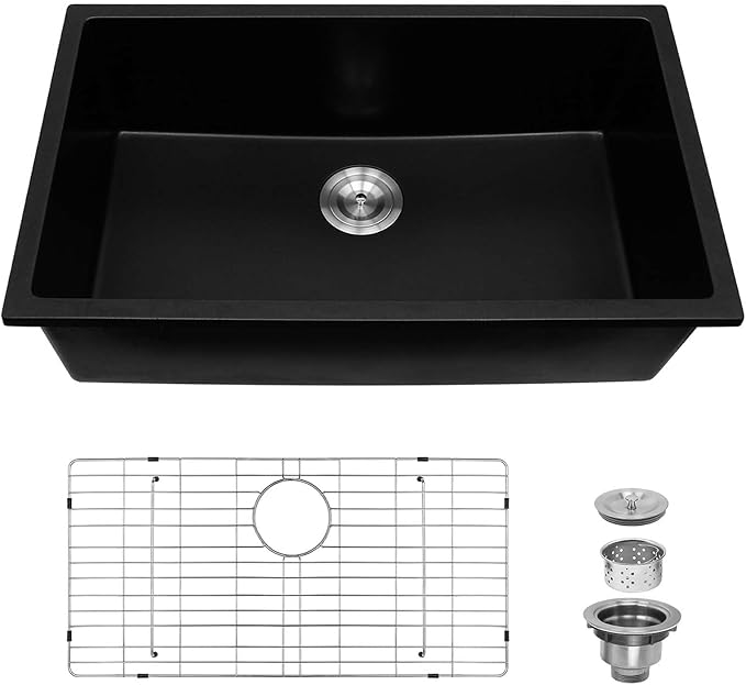 Davivy 30 X 18 Black Granite Composite Kitchen Sink,30 Inch Black Kitchen Sink, Undermount & Drop in Installation, Single Bowl with Bottom Grid and Drain Assembly