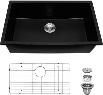 Davivy 30 X 18 Black Granite Composite Kitchen Sink,30 Inch Black Kitchen Sink, Undermount & Drop in Installation, Single Bowl with Bottom Grid and Drain Assembly