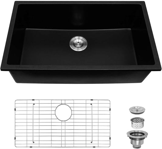 Davivy 30 X 18 Black Granite Composite Kitchen Sink,30 Inch Black Kitchen Sink, Undermount & Drop in Installation, Single Bowl with Bottom Grid and Drain Assembly