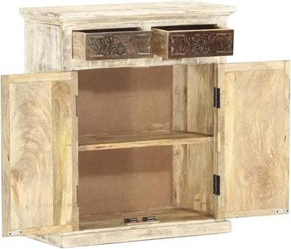 White Sideboard, Solid Mango Wood, Hand Carved Brown Patterns, 2 Doors, 2 Drawers, 29.5 in Tall Buffet Cabinet for Dining Room, Entryway Kitchen Furniture
