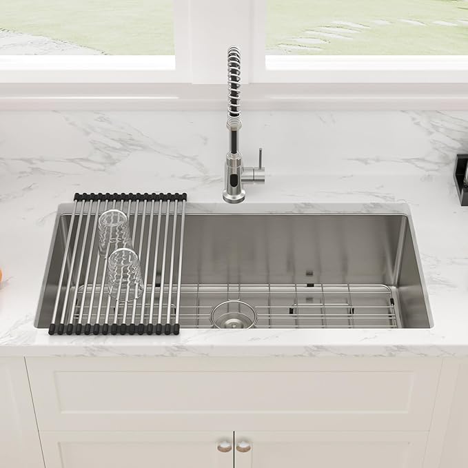 Sarlai 36 Inch Undermount Kitchen Sink - 36 x19 Kitchen Sink Extra-Large Undermount Single Bowl Stainless Steel 16 Gauge Under Counter Sink With Accessories Round Corners