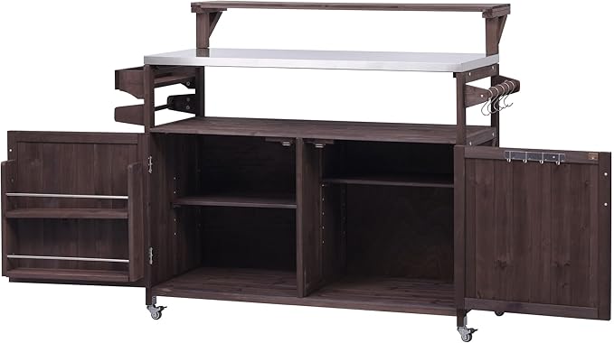 YOPTO 53.3" Outdoor Kitchen Island with Raised Shelf,Solid Wood Grill Cart,Stainless Steel Top,Adjustable Shelf,Spice Rack,Lockable Wheels,Brown