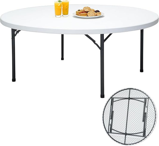 71" Folding Round Table, Plastic Dinner Table, Portable Folding Banquet Table for Living Room, Party or Outdoor Event, White