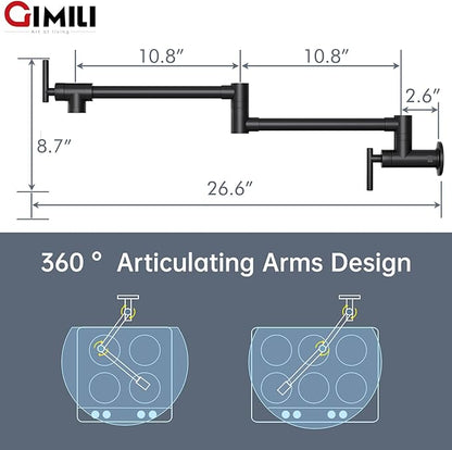 GIMILI Pot Filler Faucet Matte Black Wall Mount Folding Over Stove Double Joint Swing Arm Kitchen Faucet