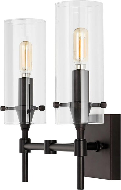JONATHAN Y 13.5" Oil Rubbed Bronze/Clear Modern Farmhouse LED Vanity Light Sconce, Clear Glass Cylinder Shade, Wall Lamp for Bathroom Mirror Hallway Entryway, LED Bulb Included (JYL7806A)