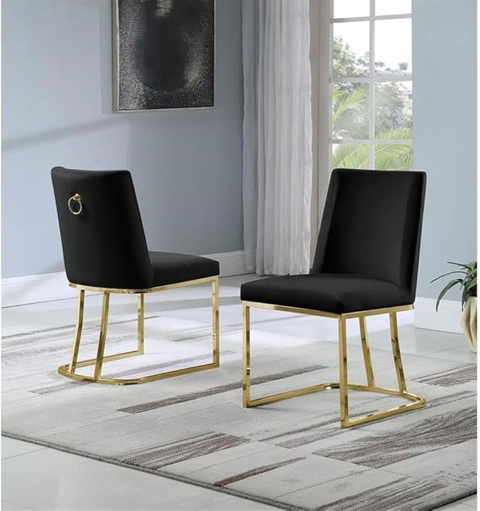 Modern Chairs Set of 2, Chrome Side Chairs & Counter Stools with Ring Pull Back, Luxury Upholstered Chairs for Kitchen Island, Dining Room & Home Bar (Velvet, Black/Gold, Side Chair)