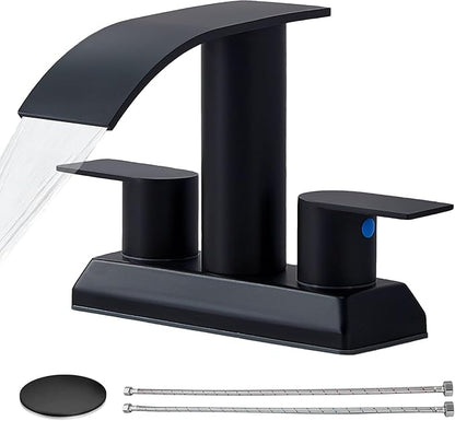 IKEBANA Modern 2 Handle Waterfall Bathroom Faucet, Matte Black, Stainless Steel, Lead-Free, 4 inches Centerset, Includes Pop Up Drain and Supply Hoses