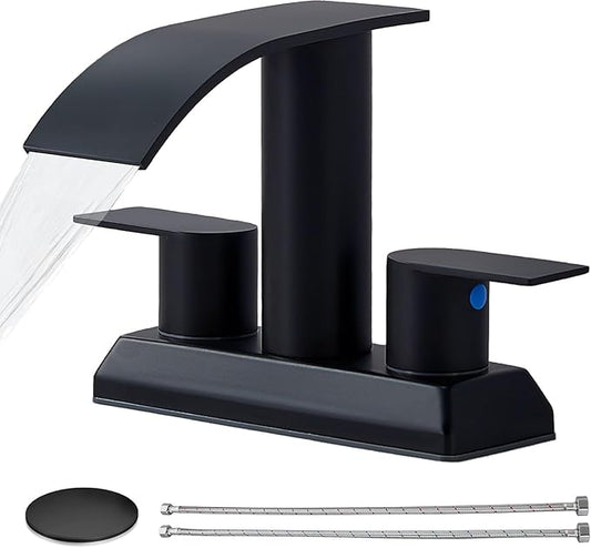 IKEBANA Modern 2 Handle Waterfall Bathroom Faucet, Matte Black, Stainless Steel, Lead-Free, 4 inches Centerset, Includes Pop Up Drain and Supply Hoses