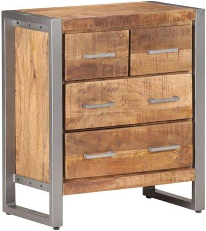 Industrial Sideboard, Rough Mango Wood, Iron Frame, 23.6" Long, 4-Drawer Storage Cabinet for Living Room, Natural Brown Kitchen Furniture