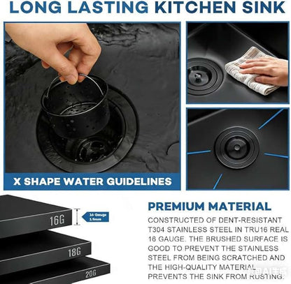 32 Inch Black Sink Undermount Double Bowl, 16 Gauge 50/50 Double Bowl Stainless Steel Workstation Sink, 32"x19"x10" Large and Deep Kitchen Sink With Accessories
