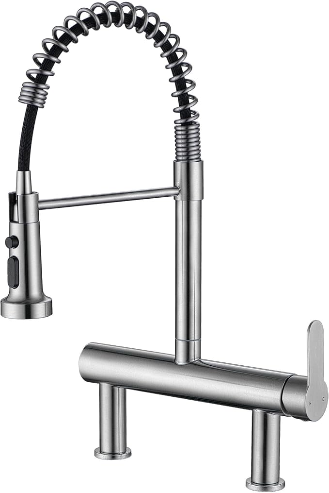 8“ Center Bridge Faucet, Deck Mount Pre Rinse Faucet, with Pull Down Sprayer, High Arc Single Handle Spring Commercial Sink Faucet, Brushed Nickel