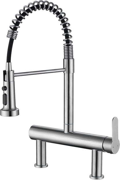 8“ Center Bridge Faucet, Deck Mount Pre Rinse Faucet, with Pull Down Sprayer, High Arc Single Handle Spring Commercial Sink Faucet, Brushed Nickel