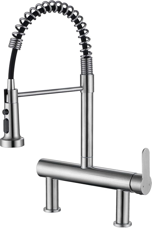 8“ Center Bridge Faucet, Deck Mount Pre Rinse Faucet, with Pull Down Sprayer, High Arc Single Handle Spring Commercial Sink Faucet, Brushed Nickel
