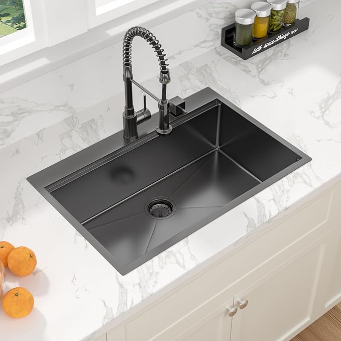 Sarlai 30 Drop Kitchen Sink Black Stainless Steel - 30 x 22 Inch Kitchen Sink Drop In Topmount Ledge Workstation 16 Gauge Gunmetal Black Stainless Steel Single Bowl Over Counter Sinks With Accessories