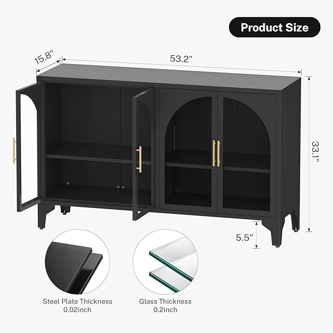 Foreate Arched Sideboard Buffet Cabinet with Storage & LED Light, 53.2" Large Buffet Cabinet with 4 Glass Door & Adjustable Shelf, Modern Farmhouse Sideboard Credenzas Metal Kitchen Buffets, Black