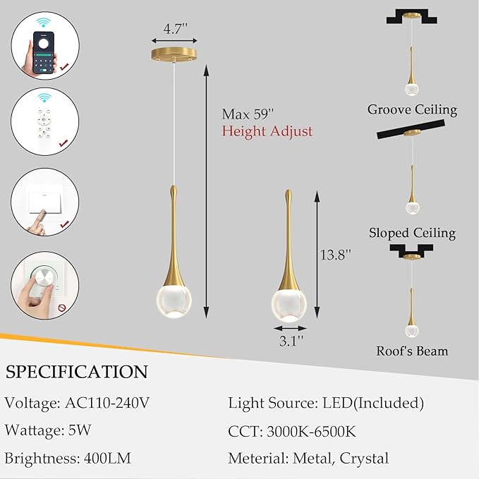 Modern Kitchen Island Pendant Lights Dimmable LED Crystal Chandelier Hanging Pendant Chandelier Gold 3 Pack