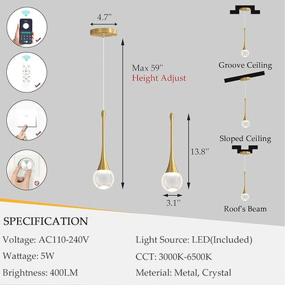 Modern Kitchen Island Pendant Lights Dimmable LED Crystal Chandelier Hanging Pendant Chandelier Gold 3 Pack