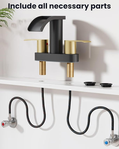 gotonovo 4 Inch Centerset Waterfall Bathroom Sink Faucet Deck Mount 2 Handle Basin Faucets 2 or 3 Hole with Pop Up Drain Included Lavatory Modern Mixer Tap Vanity Faucet Matte Black and Brushed Gold