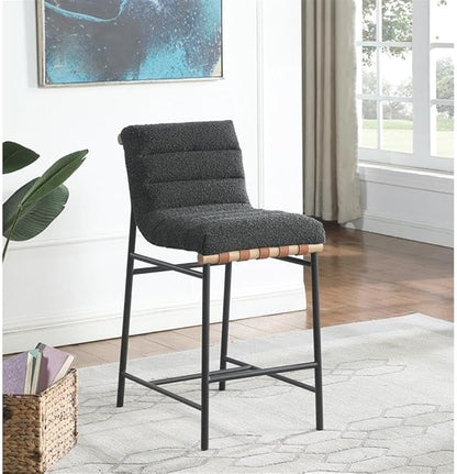 Lilola Home Lahni 18" W Dark Gray Boucle Fabric Counter Height Chair – Contemporary Upholstered Bar Stool with Cognac PU Leather Detail and Fully Assembled Design for Kitchen Dining Room