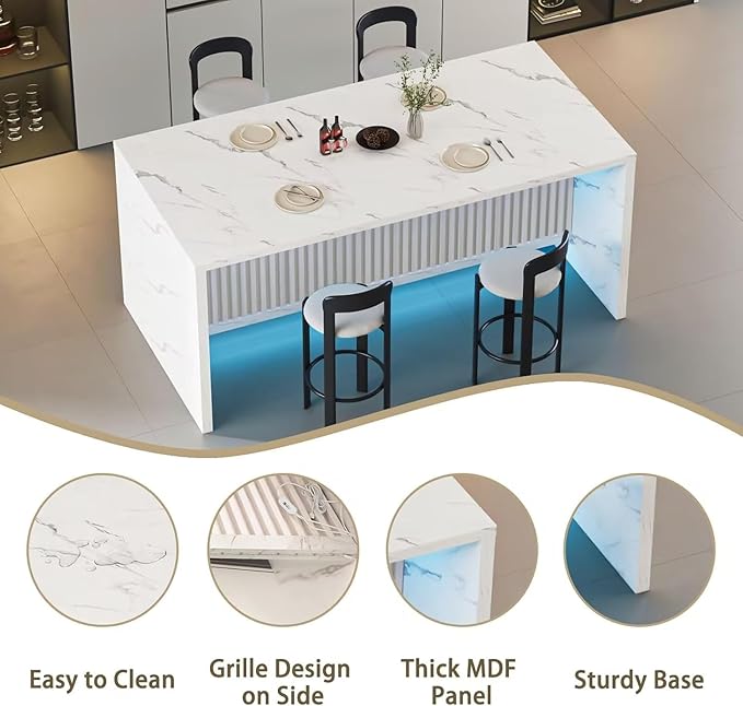 71" Faux Marble Dining Table for 4-6, Island Table with LED Lights, Modern Marble Stripes Kitchen Dining Table with Grille Design for Dining Room, Living Room, White