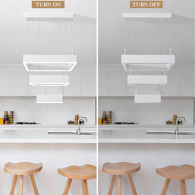 O'NEELDY Modern Chandelier White Pendant Lights Square LED Dining Room Light Fixture Height Adjustable Kitchen Island Lighting 3 Rings Flush Mount Chandeliers for Living Room,Bedroom,Dining Table