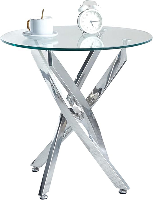 Round Side Table with X-Shaped Mirrored Stainless Steel Base, Tempered Glass End Tables Small End Table, Living Room Sofa Couch Side Table, Modern Bedsde Tables Bedroom Night Stand, Silver Nightstand