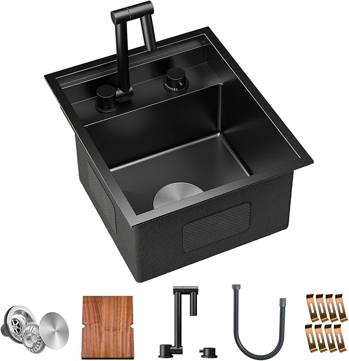 TORVA RV Kitchen Sink, 15 x 18 x 9 Inch Undermount Bar Sink 16 Gauge Stainless Steel Single Bowl Workstation Sink with Faucet Cutting Board, Dark Grey