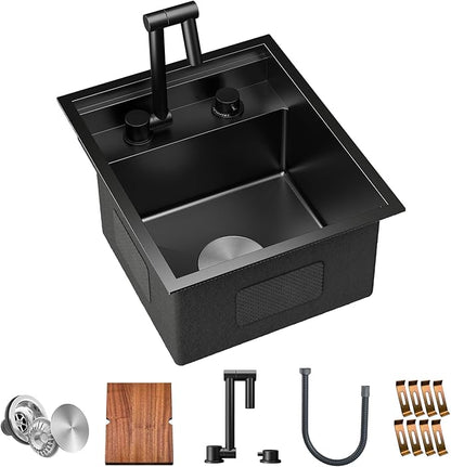 TORVA RV Kitchen Sink, 15 x 18 x 9 Inch Undermount Bar Sink 16 Gauge Stainless Steel Single Bowl Workstation Sink with Faucet Cutting Board, Dark Grey