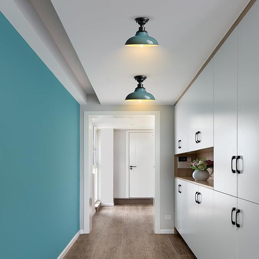 SAMTEEN Farmhouse Semi Flush Mount Ceiling Light 12-Inch Aqua Blue Flush Mount Barn Light Industrial Barn Ceiling Light Fixture for Hallway Loft Laundry Room, 2 Pack