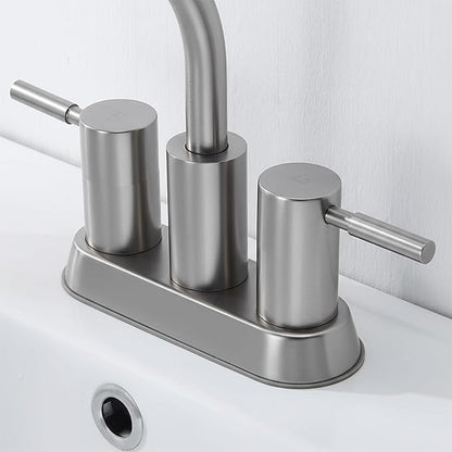 IKEBANA Brushed Nickel Bathroom Faucet, 2 Handle Bathroom Sink Faucets Centerset, 360° Swivel High-Arc Spout Modern 4 inch Bath Faucet Lead-Free for Vanity Lavatory with Pop-up Drain & Water Hoses