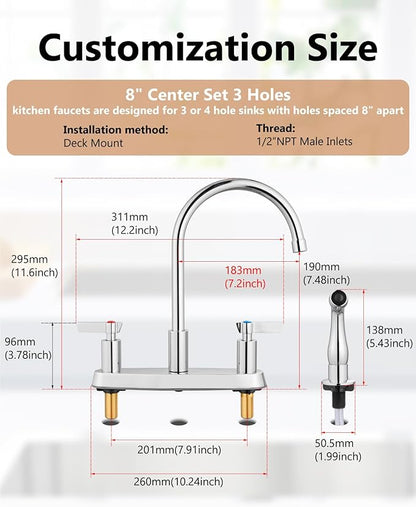 Kitchen Faucet with Sprayer 2 Handle Kitchen Sink Faucets 8 Inch Centerset 3 Hole with Supply Lines Polish Chrome
