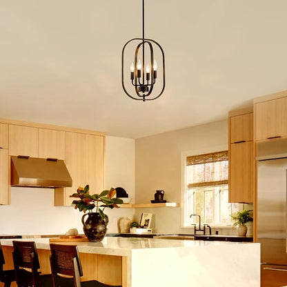 XINGQI Modern Chandeliers for Dining Room, 12.2" Farmhouse Rustic Geometric Pendant Lighting Fixture Metal Black 4-Light Ceiling Lamp for Entryway Bedroom Hallway Foyer Kitchen Office Bar