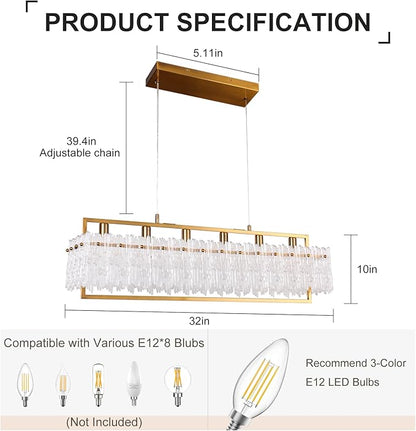 Dining Room Light Fixture 32'' Modern 6-Light Gold Chandelier for Dining Room with E12 Base Compatible with 3000K~6000K (No Bulbs) Linear Farmhouse Lighting for Kitchen Island and Living Room