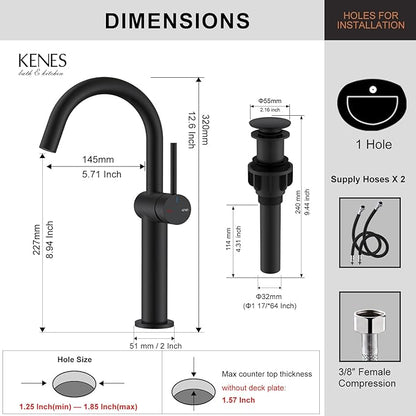 KENES Matte Black Tall Bathroom Vessel Sink Faucet, Single Handle Bathroom Faucet Single Hole, Tall Vanity Faucet with Pop Up Drain and Supply Lines, KE-9005C-2