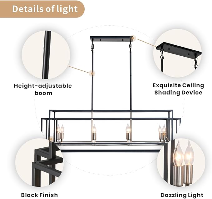 WJShome Kitchen Island Lighting, 8-Light Farmhouse Chandeliers for Dining Room, Modern Dining Room Light Fixtures Over Table, Linear Pendant Lights Kitchen Island（Black & Brushed Nickel）