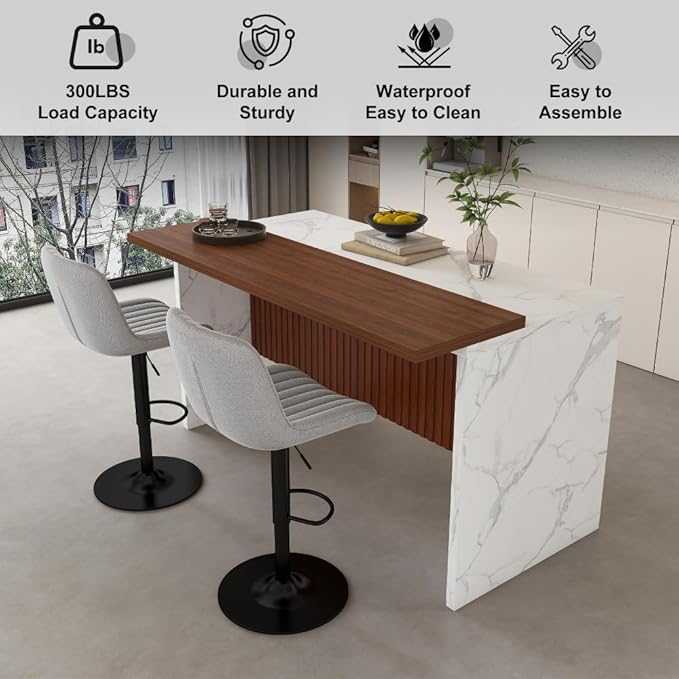 63 Inch Kitchen Island with 4 Deep Brown Bar Stools – White Marble Countertop, Integrated LED Lighting & Grille Design, Multi-Functional Breakfast Bar for Dining Rooms, (White+2grey)