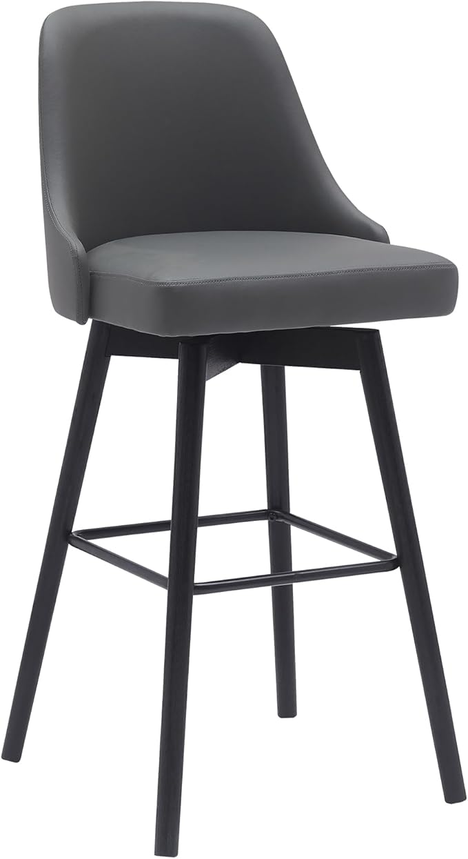 Armen Living Sicily Modern Farmhouse 30" Seat Height Swivel Black Wood Bar Stool for Kitchen Island Counter in Gray Faux Leather