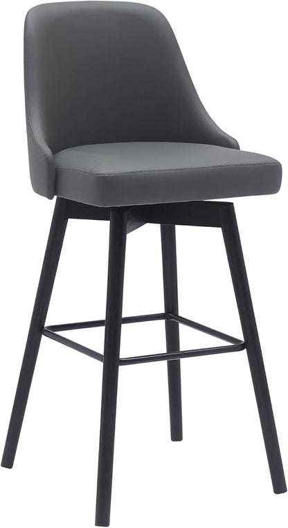 Armen Living Sicily Modern Farmhouse 30" Seat Height Swivel Black Wood Bar Stool for Kitchen Island Counter in Gray Faux Leather