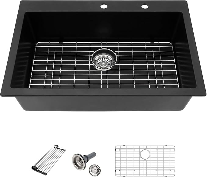 33 Granite Composite Kitchen Sink - Beslend 33x22 Inch Drop In Granite Kitchen Sink Topmount Black Quartz Sinks Classic Above Counter Single Bowl Basin