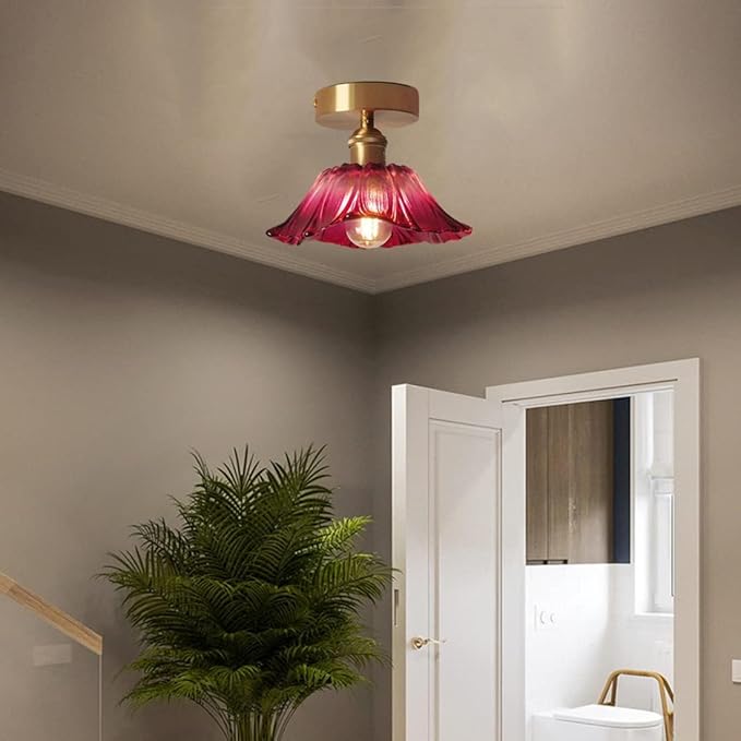 Glass Flower Ceiling Light Purple Red Hallway Light Fixtures Vintage Gold Floral Glass Semi Flush Mount Ceiling Light Farmhouse Close to Ceiling Light for Entryway Porch Bathroom Balcony