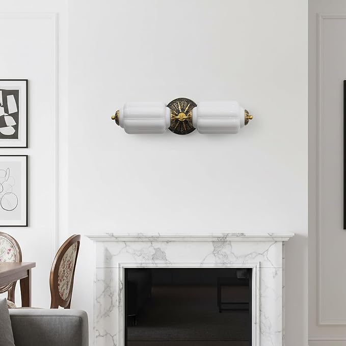 Vintage Bathroom Vanity Light - 2-Light Milk Glass Sconce with Antique Brass Finish & White Shade, Wall Sconce Lighting for Bathroom Mirror, Hallway, Living Room, Bedroom