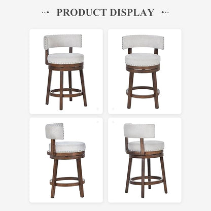 COLAMY Swivel Counter Height Bar Stools Set of 3, 25 Inch Modern Upholstered Kitchen Island Barstools with Back, Wood Swivel Bar Chairs for Dining Room, Beige