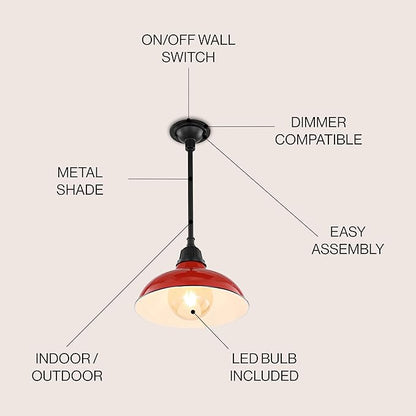 JONATHAN Y 12.25" Red/Black 1-Light Farmhouse Indoor/Outdoor LED Pendant Iron Hanging Light, and Black Metal Shade, Rustic Ceiling Lamp for Kitchen Island, LED Bulb Included (JYL7611E)